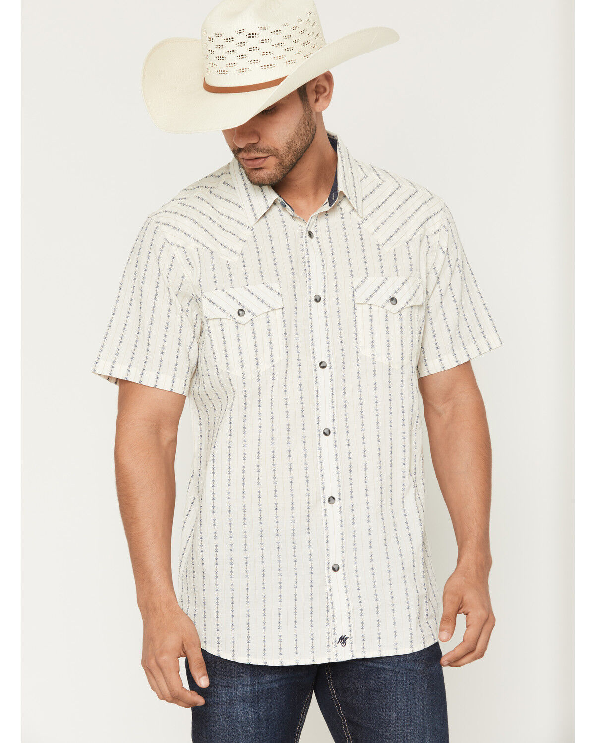 Moonshine Spirit&reg; Men's Happy Hour Striped Short Sleeve Snap Western Shirt, Ivory, hi-res