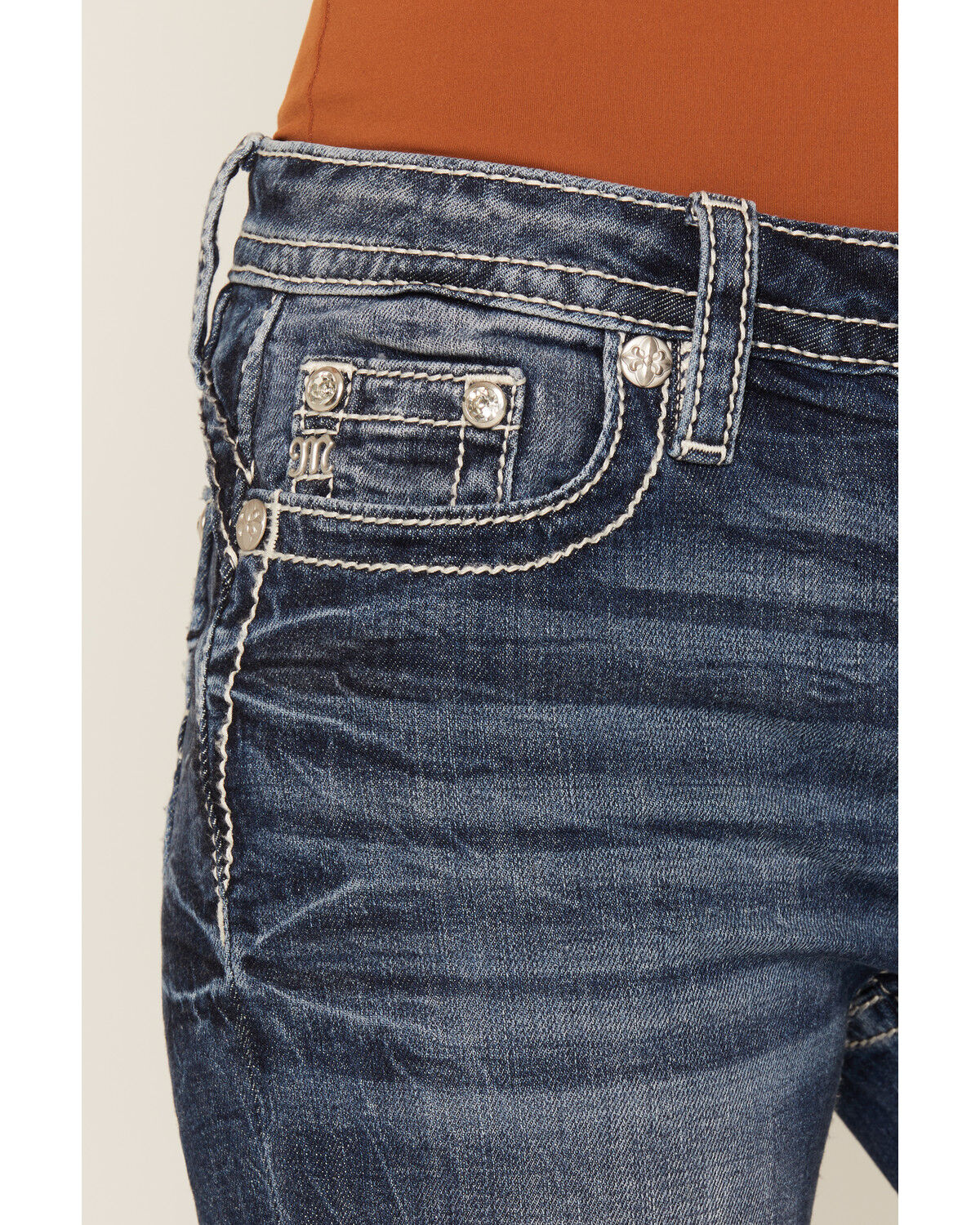 Image #4 - Miss Me Women's Dark Wash Geo Border Pocket Bootcut Stretch Denim Jeans, Dark Wash, hi-res