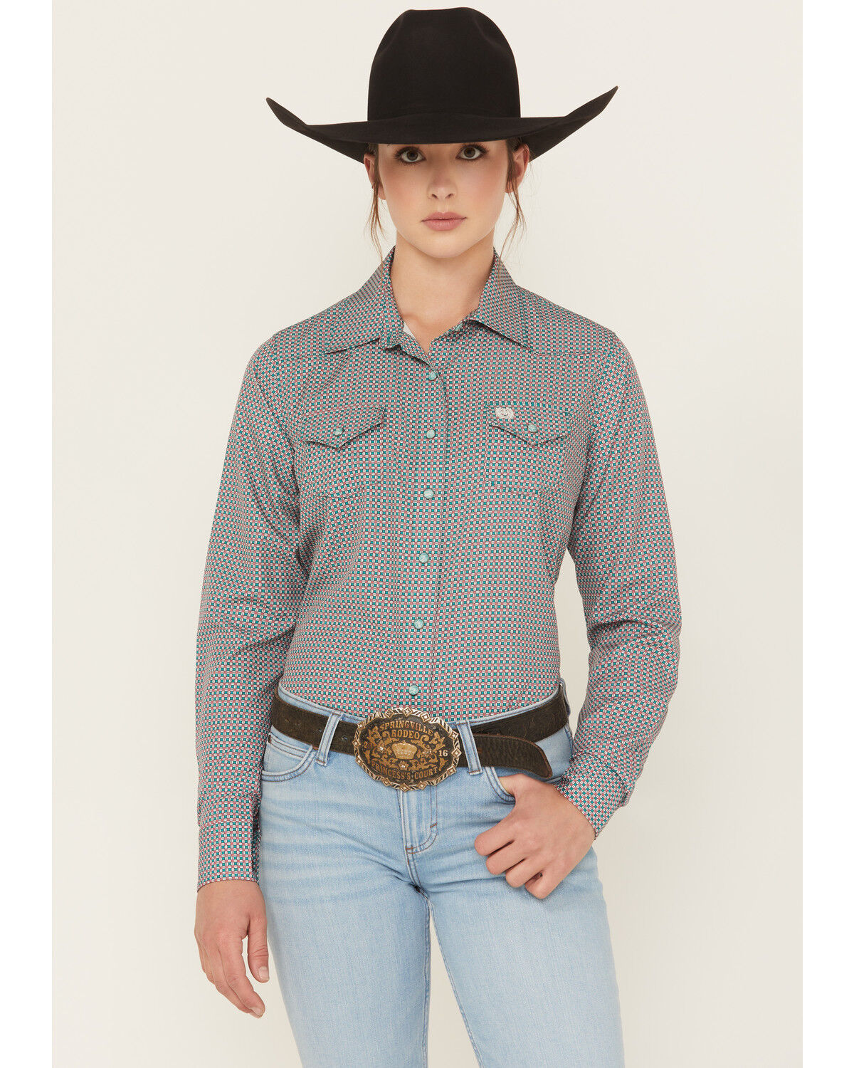 Image #1 - Cinch Women's Geo Print ArenaFlex Long Sleeve Snap Stretch Western Shirt, Green, hi-res