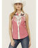 Image #1 - Rock & Roll Denim Women's Horseshoe Floral Fringe Sleeveless Snap Western Shirt, Pink, hi-res