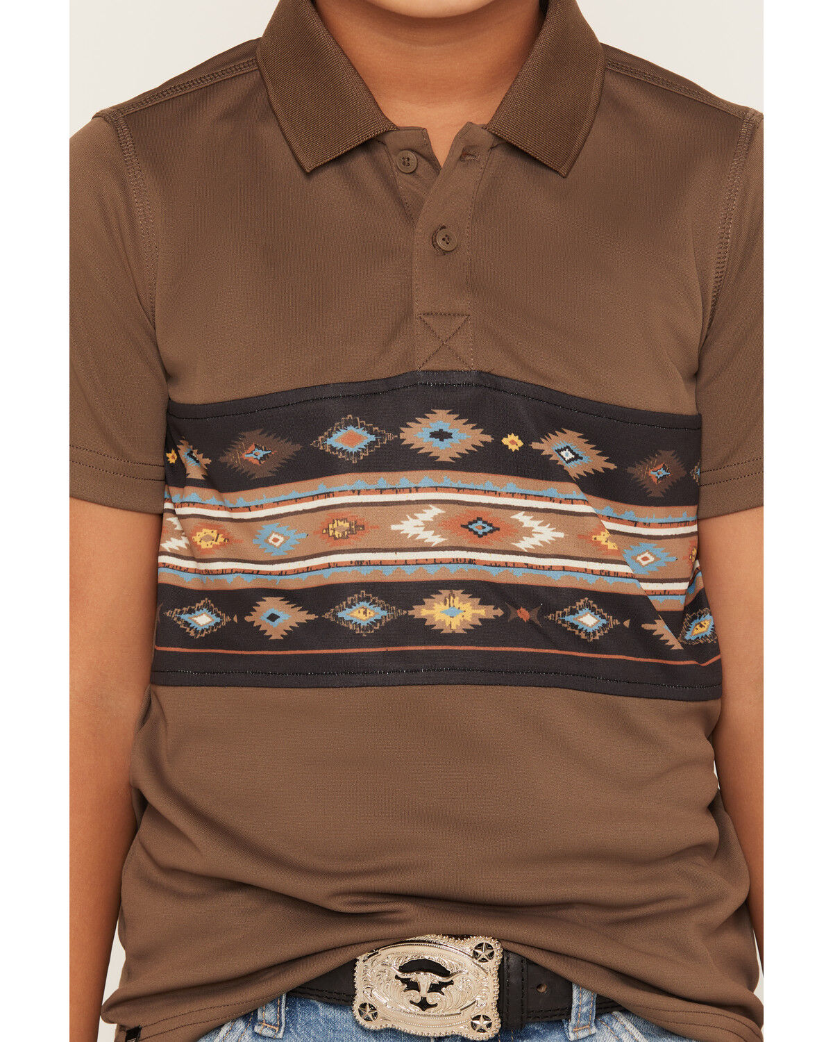 Image #3 - RANK 45&reg; Boys' Sierra Noble Southwestern Border Print Short Sleeve Polo, Brown, hi-res