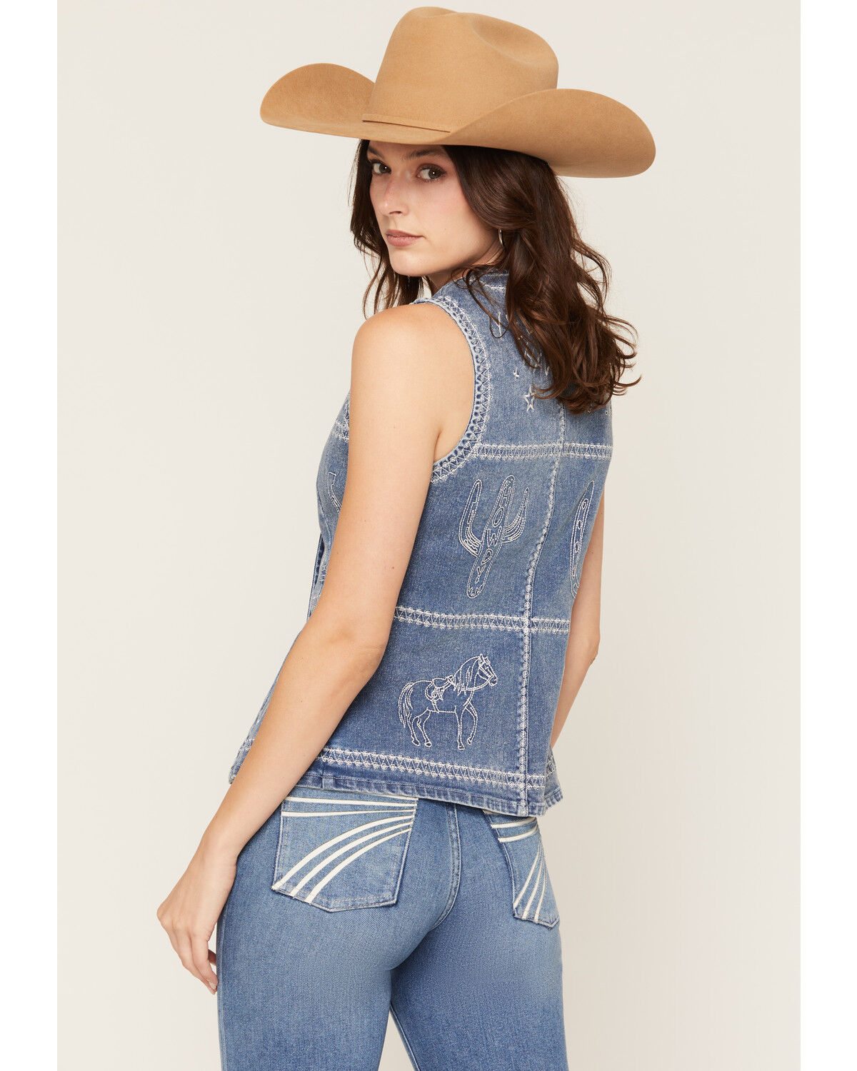 Image #4 - Blue B Women's Boot Barn Exclusive Embroidered Western Motif Denim Top, Medium Wash, hi-res