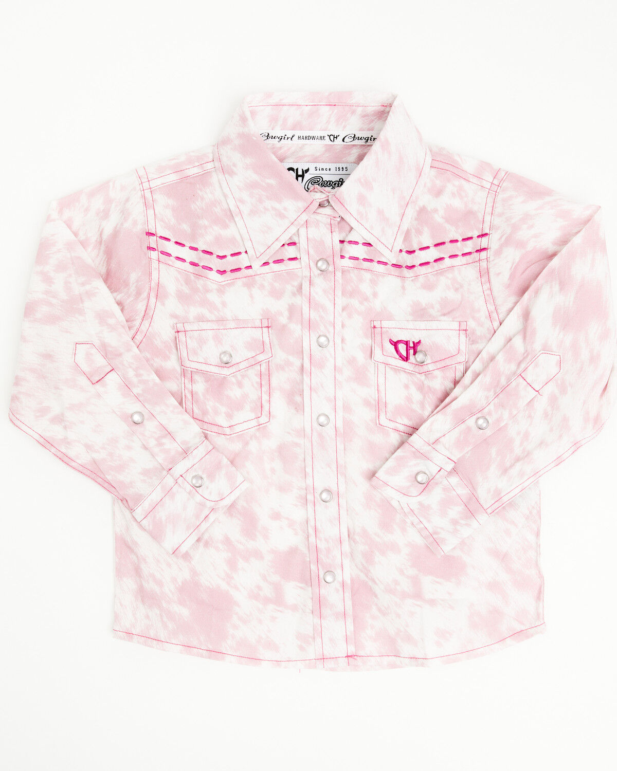 Cowgirl Hardware Toddler Girls' Cowhide Print Long Sleeve Snap Western Shirt, Pink, hi-res