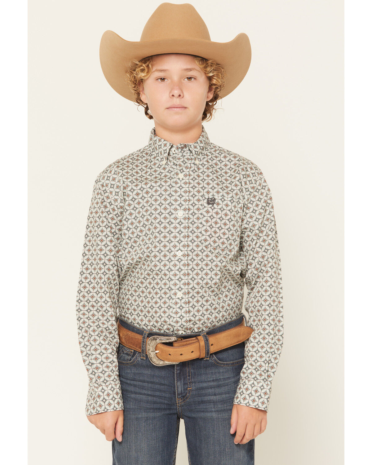 Cinch Boys' Geo Print Long Sleeve Button-Down Western Shirt, Cream, hi-res