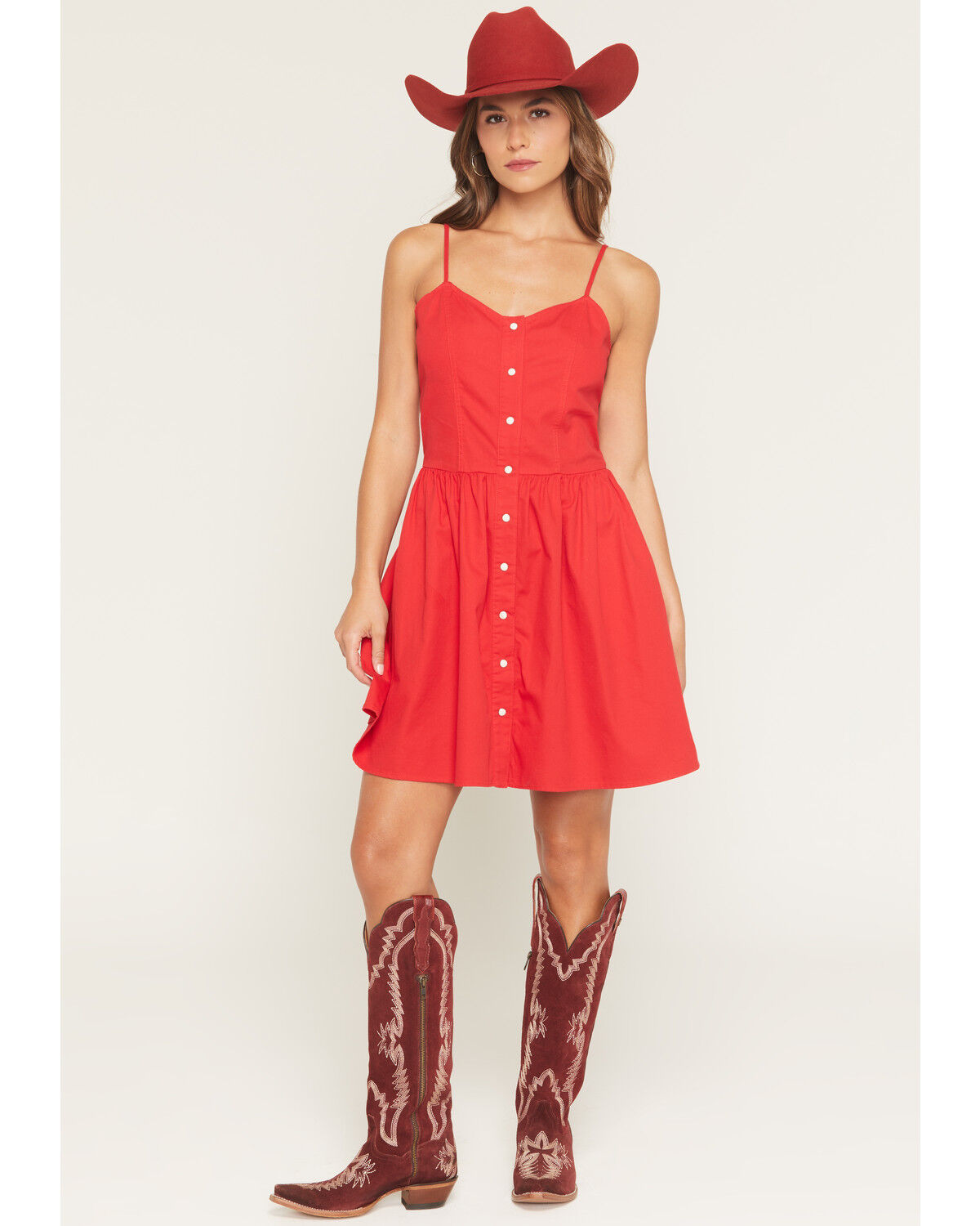 Wrangler Women's Sleeveless Snap Denim Mini Dress, Red, hi-res