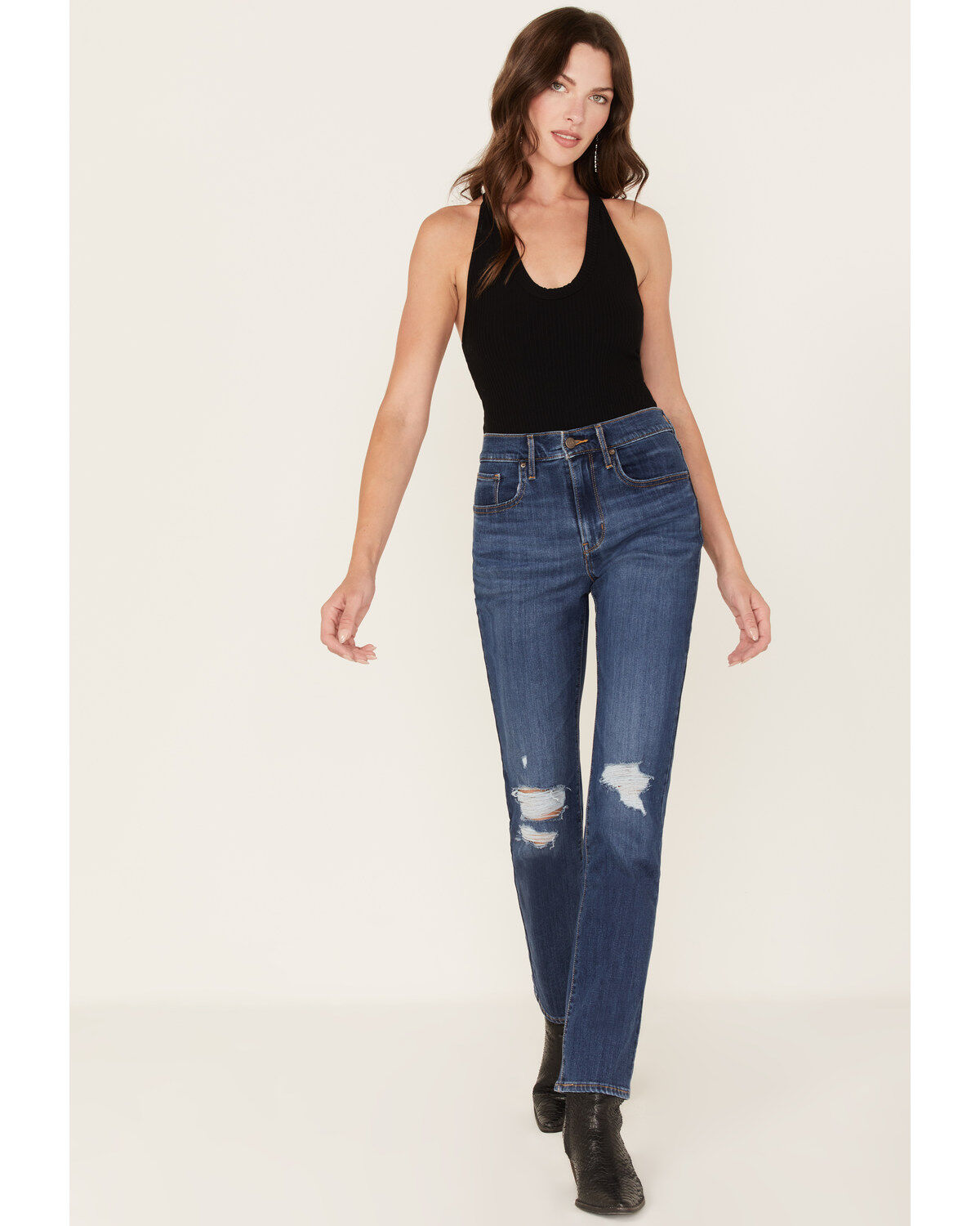 Levi's Women's 724 Dark Wash High Rise Distressed Straight Jeans, Blue, hi-res