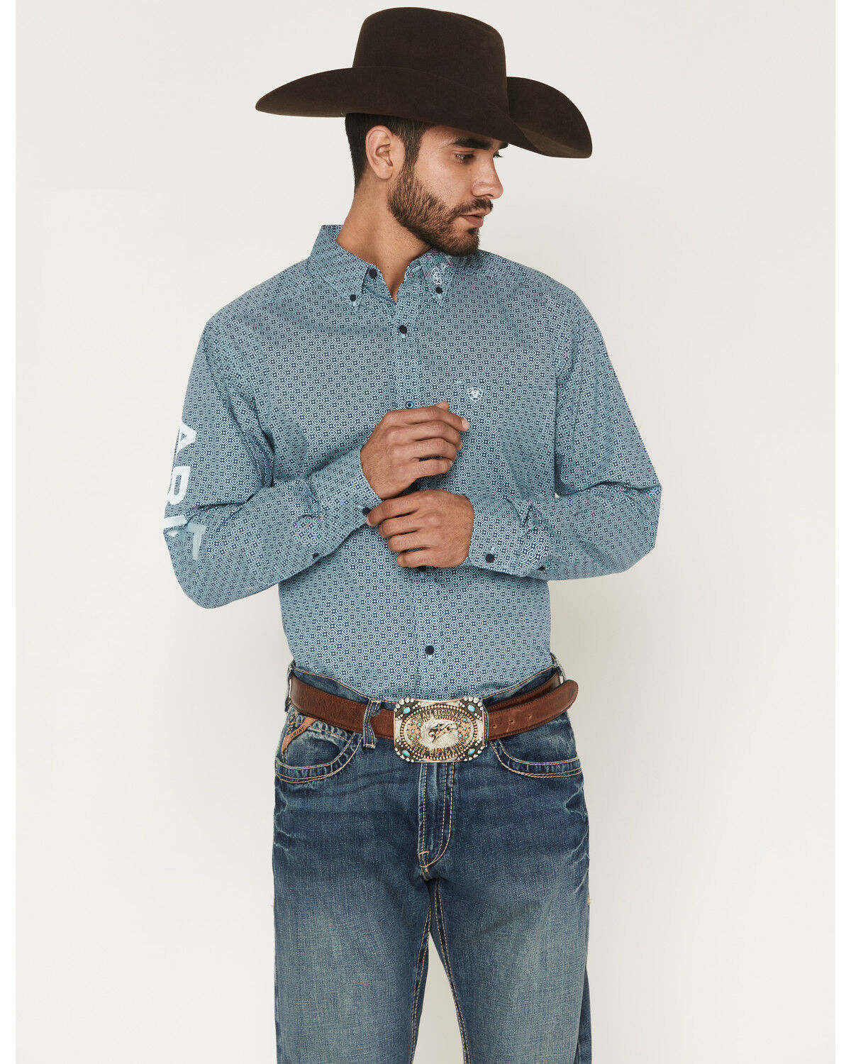 Image #1 - Ariat Men's Team Jansen Geo Print Fitted Long Sleeve Button-Down Western Shirt, Navy, hi-res