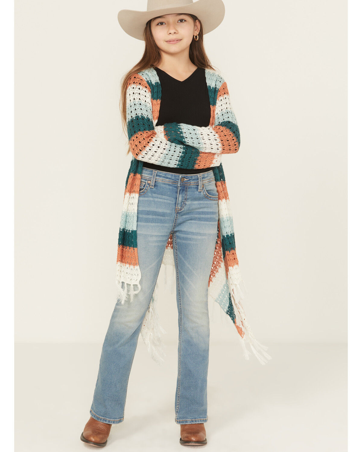Rock & Roll Denim Girls' Striped Fringe Cardigan, Ivory, hi-res