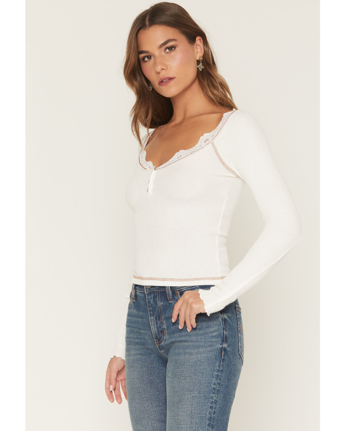 Image #1 - Wild Moss Women's Contrast Stitch Lace Long Sleeve Top, Cream, hi-res