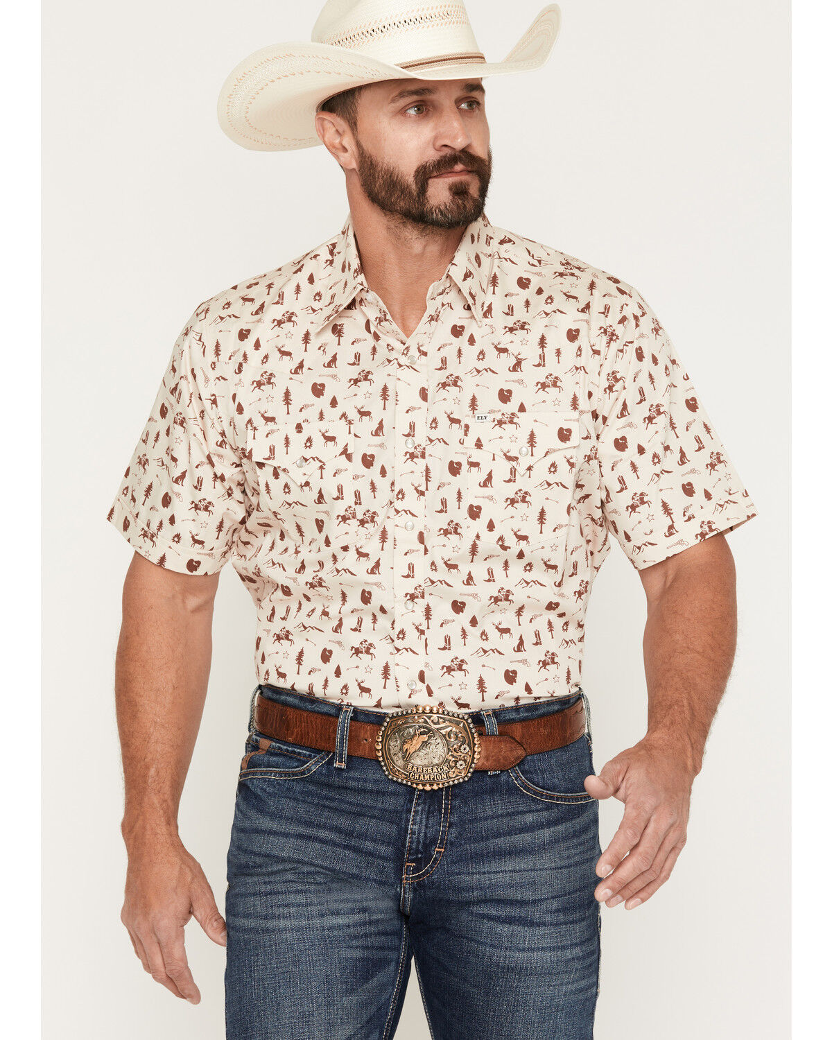 Ely Walker Men's Conversational Print Short Sleeve Pearl Snap Western Shirt, Cream, hi-res