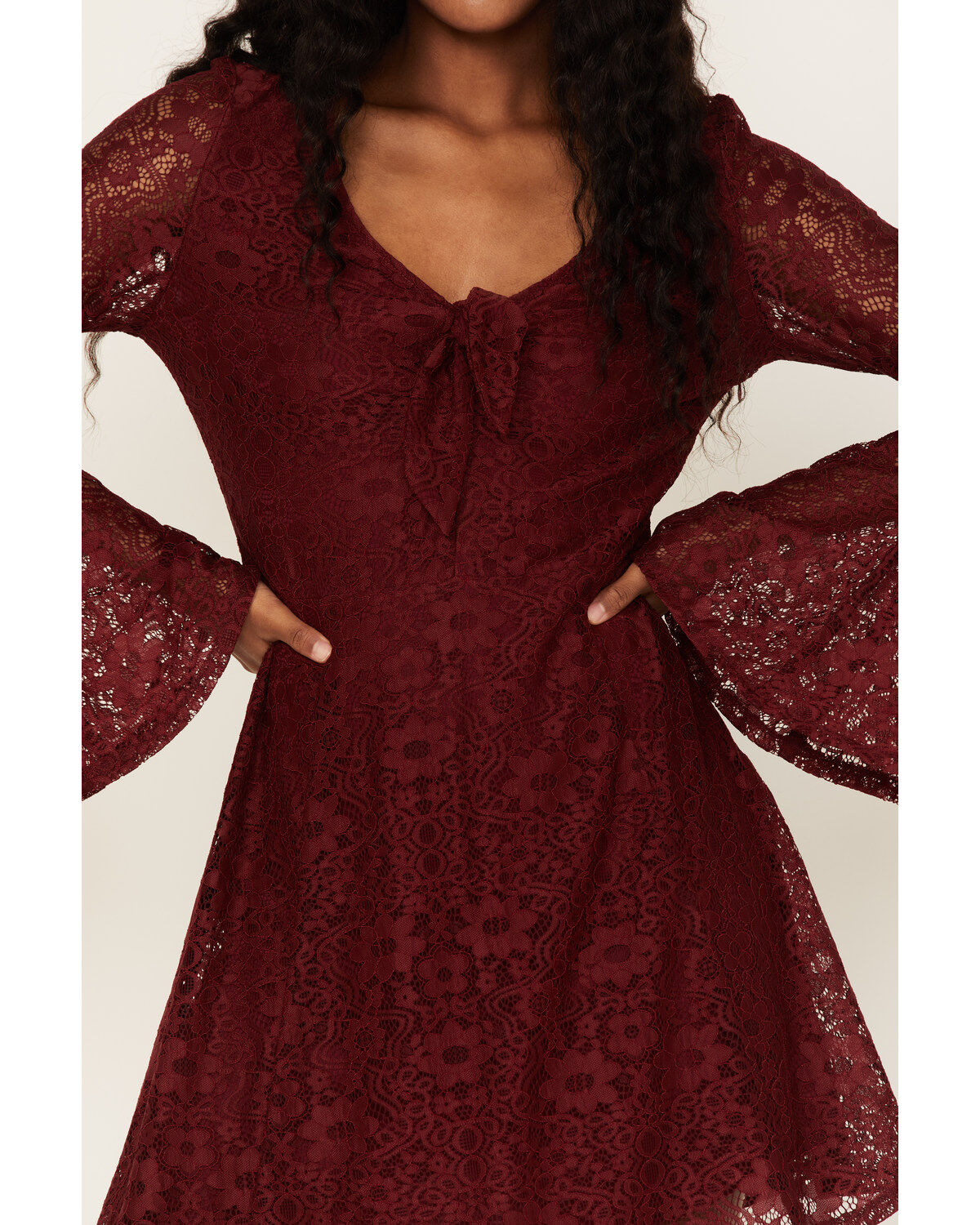 Image #3 - Beyond The Radar Women's Lace Tie Front Mini Dress, Wine, hi-res