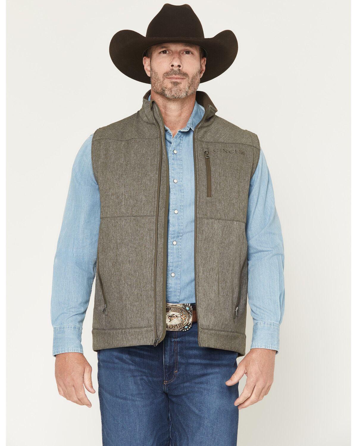 Cinch Men's Bonded Concealed Carry Softshell Vest, Olive, hi-res
