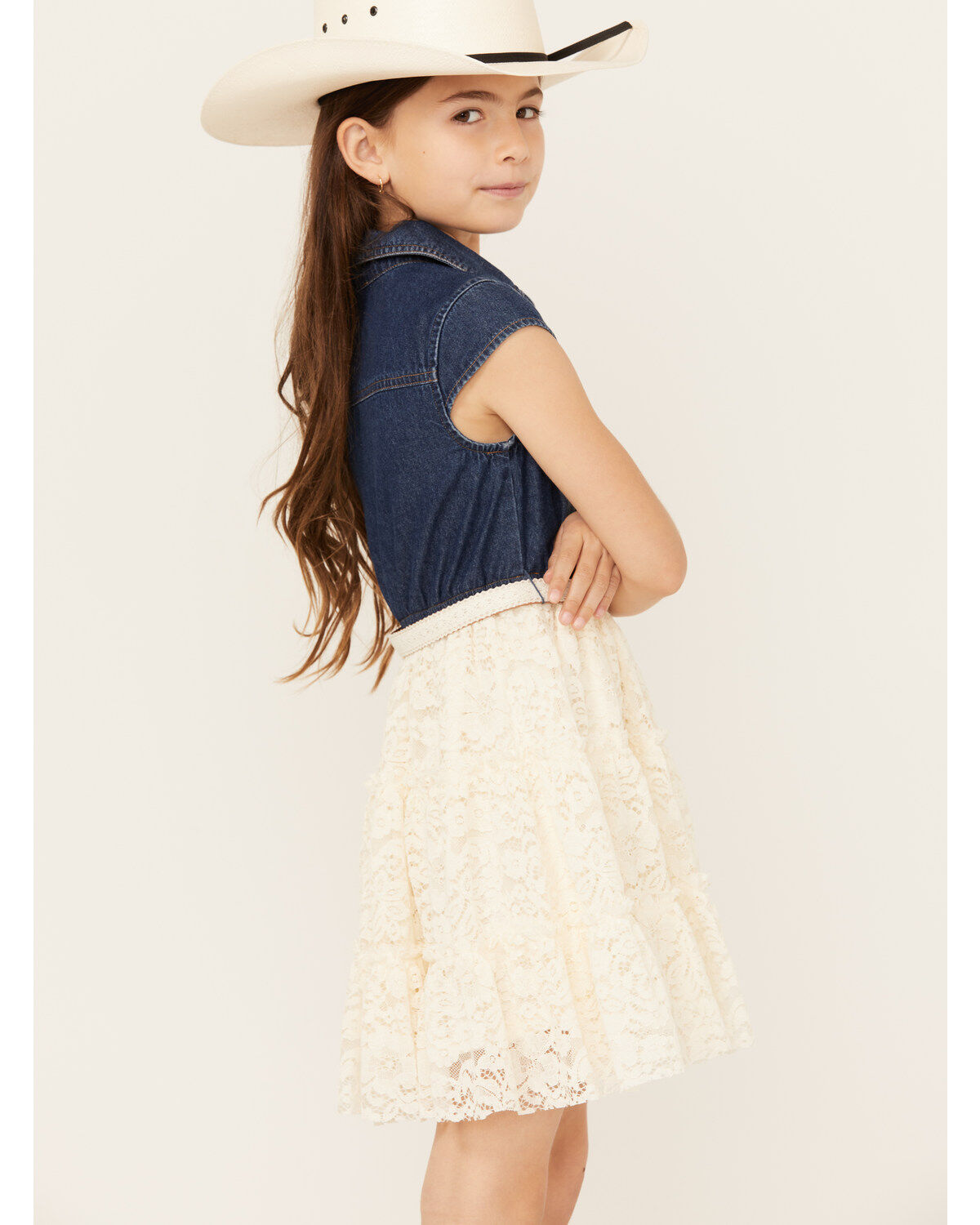 Image #2 - Shyanne Girls' Belted Denim Lace Mini Dress, Cream, hi-res