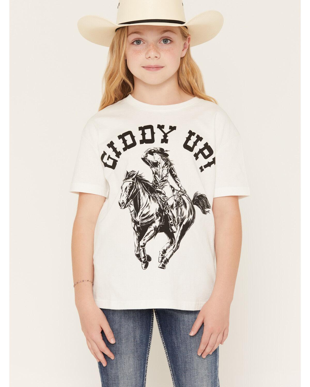Wrangler X Lainey Wilson Girls' Giddy Up Short Sleeve Graphic Tee, White, hi-res