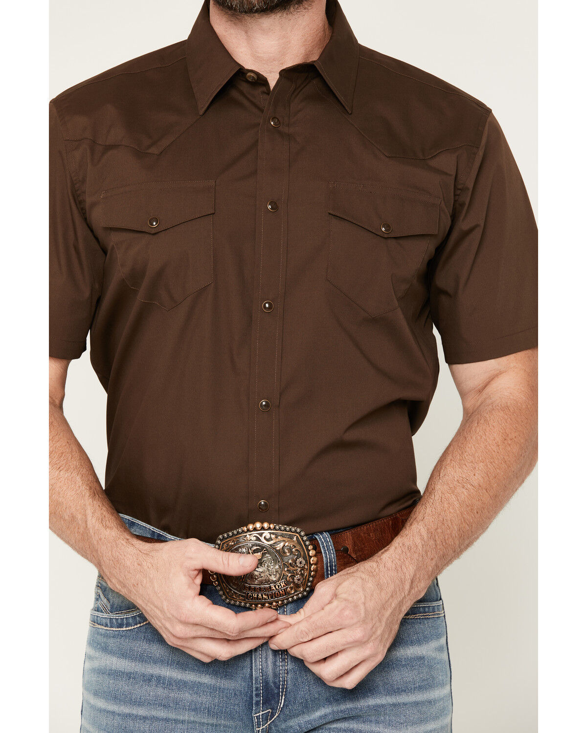 Image #3 - Gibson Trading Co Men's Solid Short Sleeve Snap Western Shirt - Tall, Dark Brown, hi-res