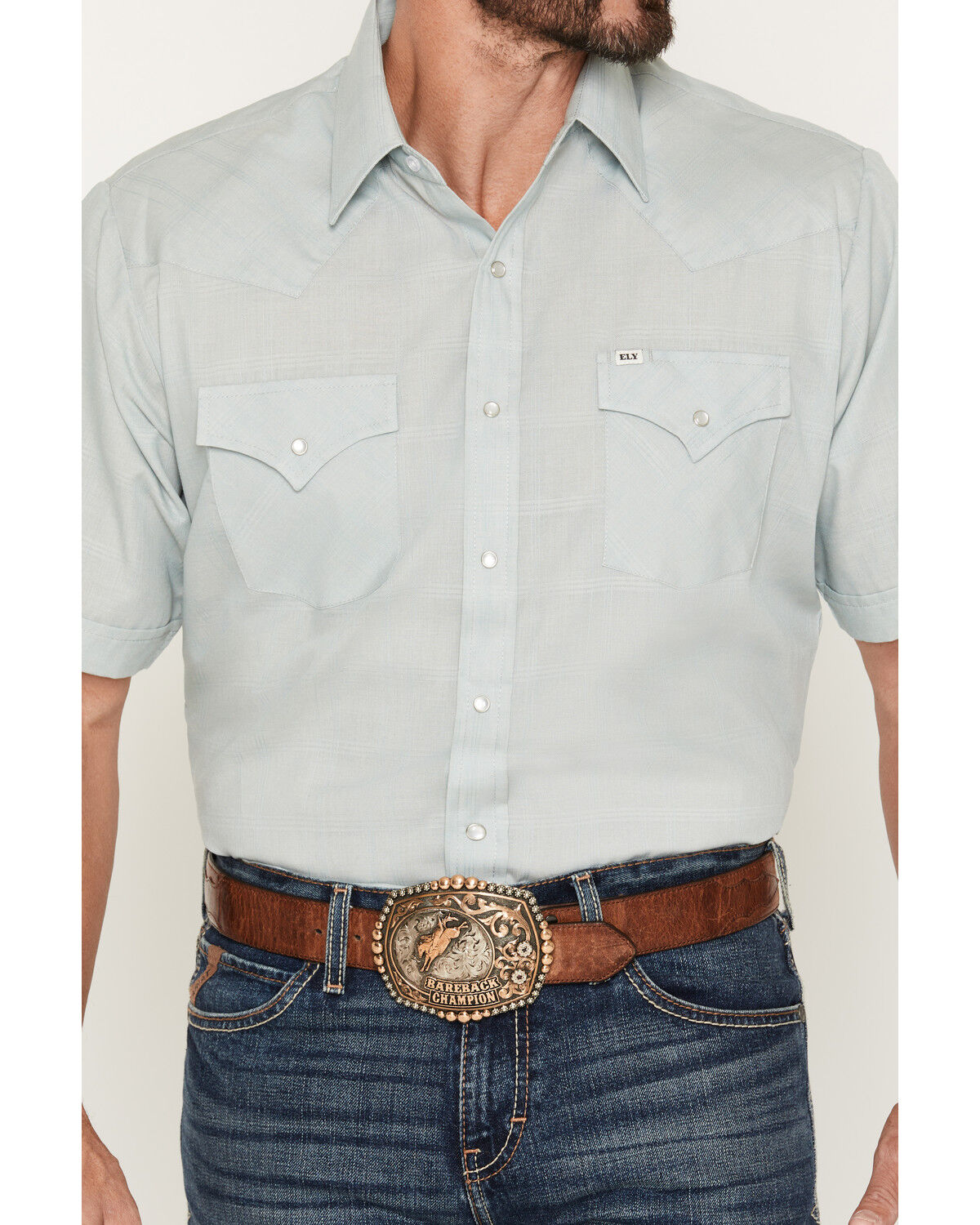 Image #3 - Ely Walker Men's Chambray Solid Short Sleeve Pearl Snap Western Shirt, Aqua, hi-res