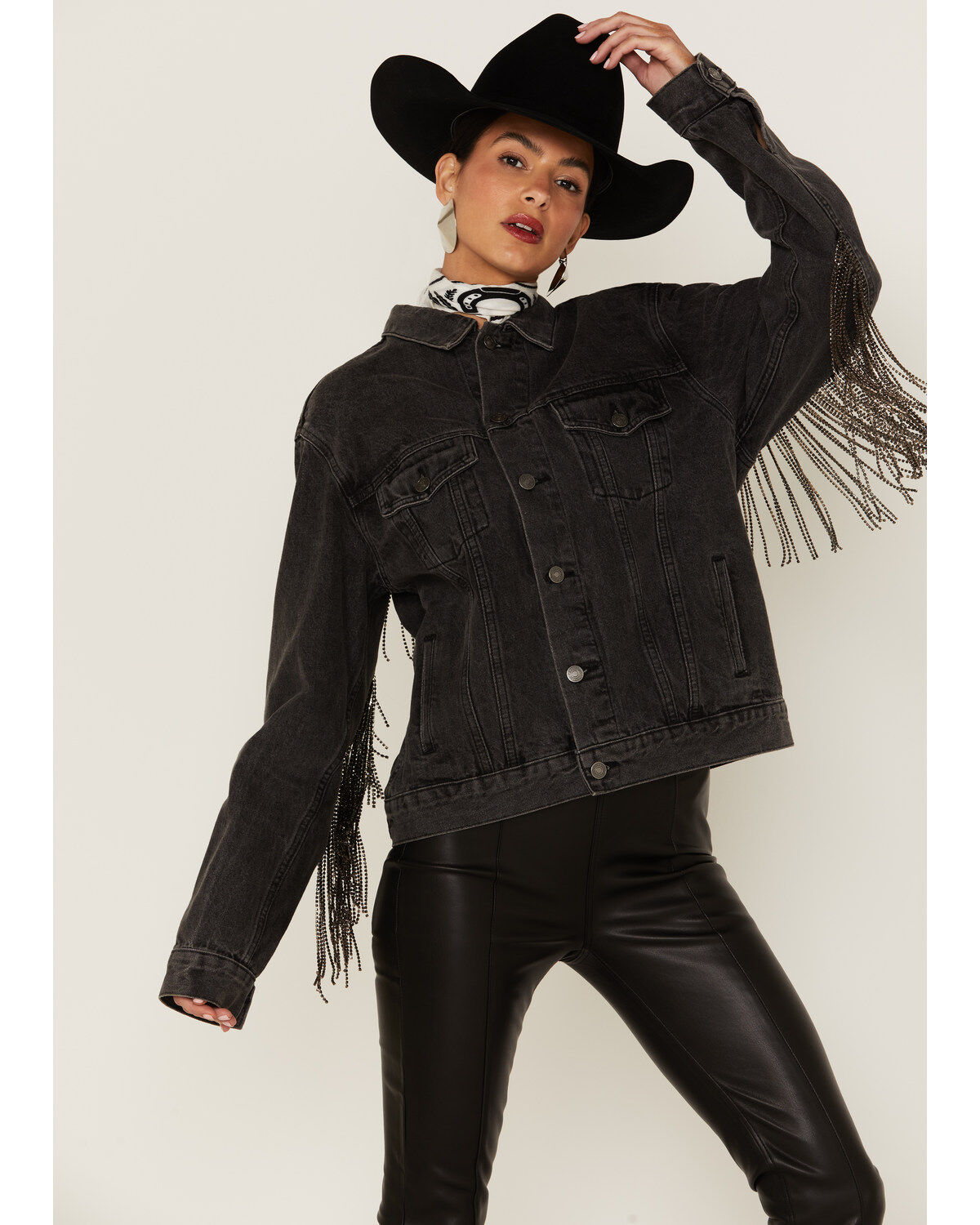 Image #2 - The Andy Jacket by Daniel Diamond: Women's Gray Denim Jacket With Gunmetal Fringe, Charcoal, hi-res