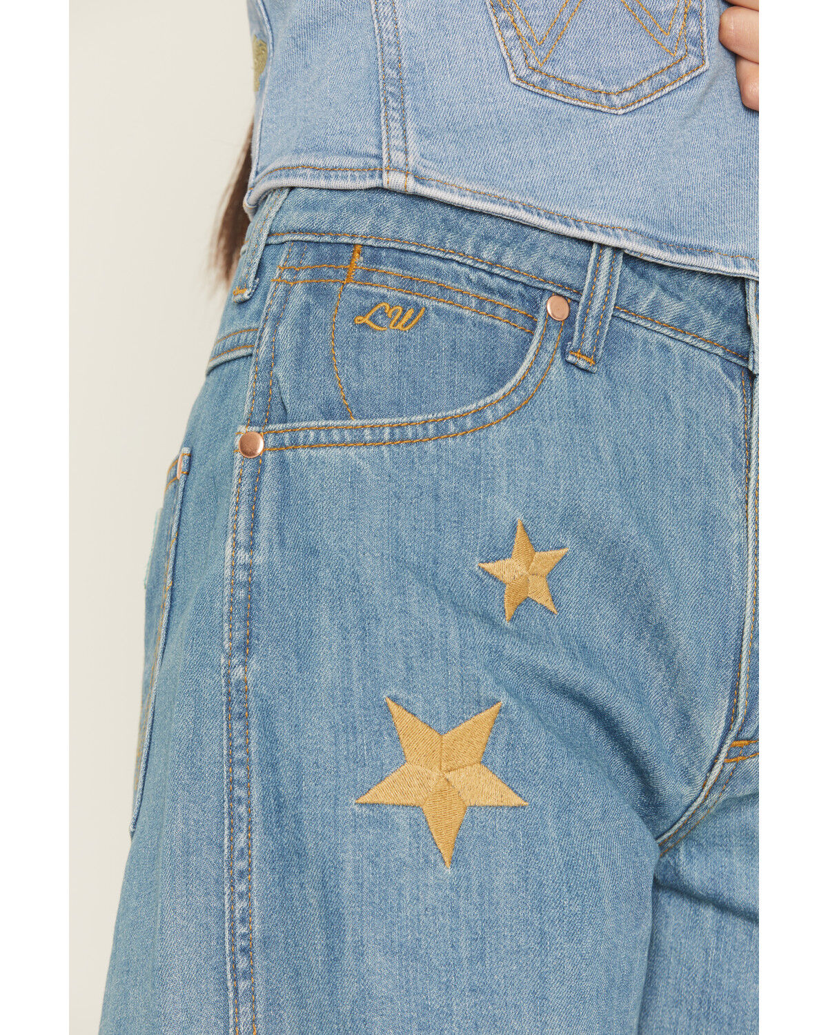 Image #2 - Wrangler X Lainey Wilson Women's Medium Wash High Rise Cowboy Embroidered Denim Shorts, Medium Wash, hi-res