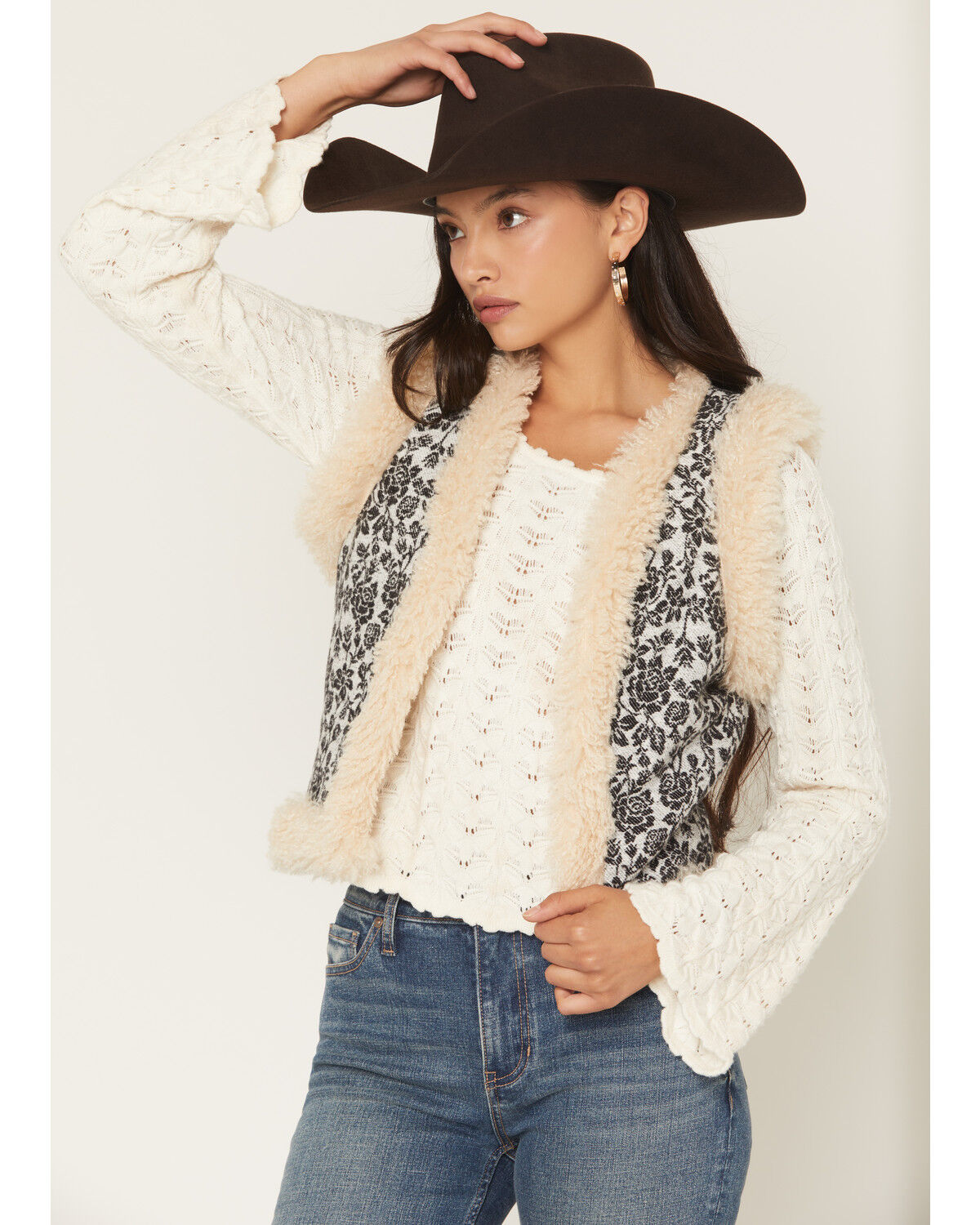 Rock & Roll Denim Women's Faux Fur Lined Floral Fashion Vest, White, hi-res
