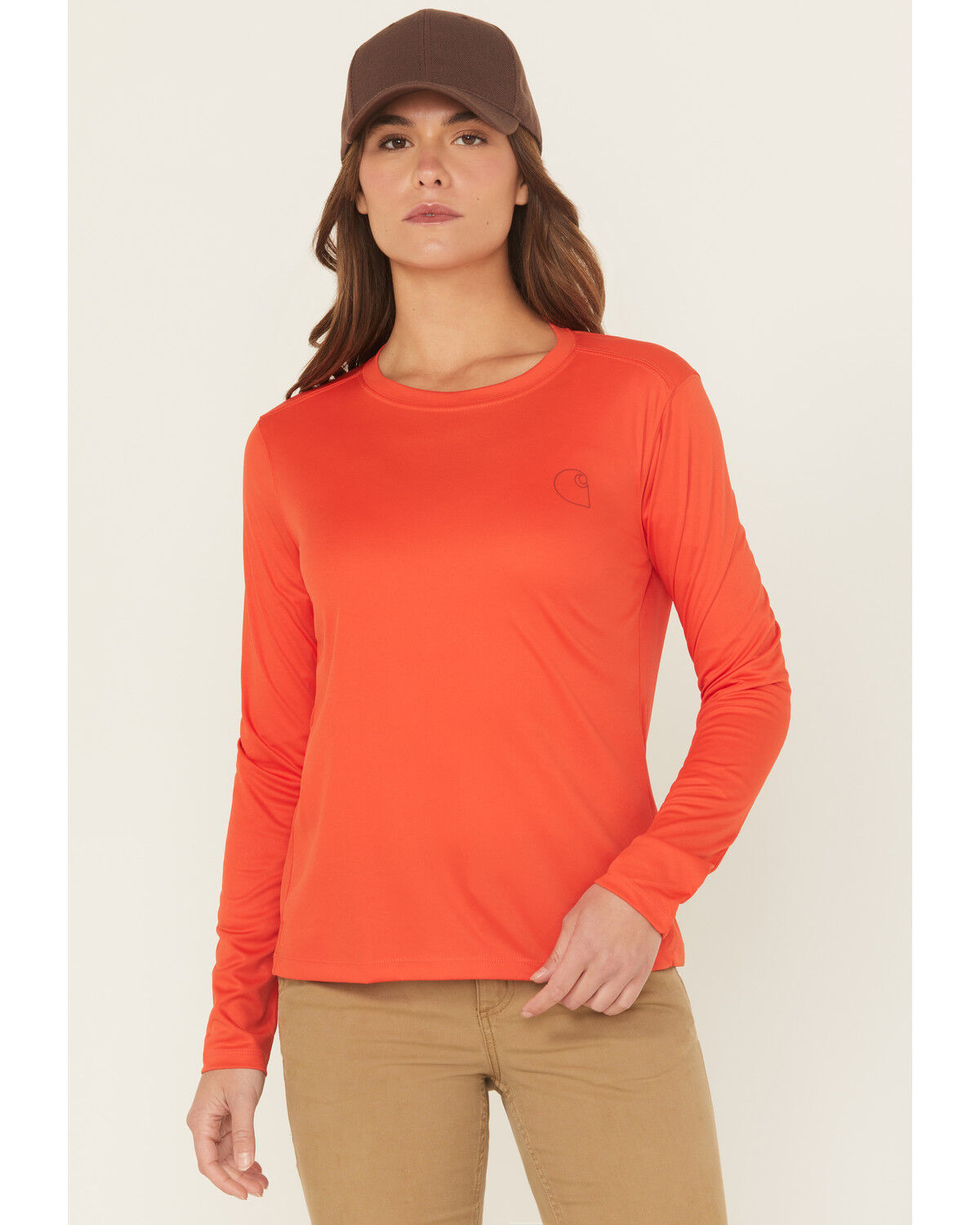 Image #1 - Carhartt Women's Force Sun Defender&trade; Relaxed Fit Lightweight Long Sleeve Graphic Work Tee, Red, hi-res