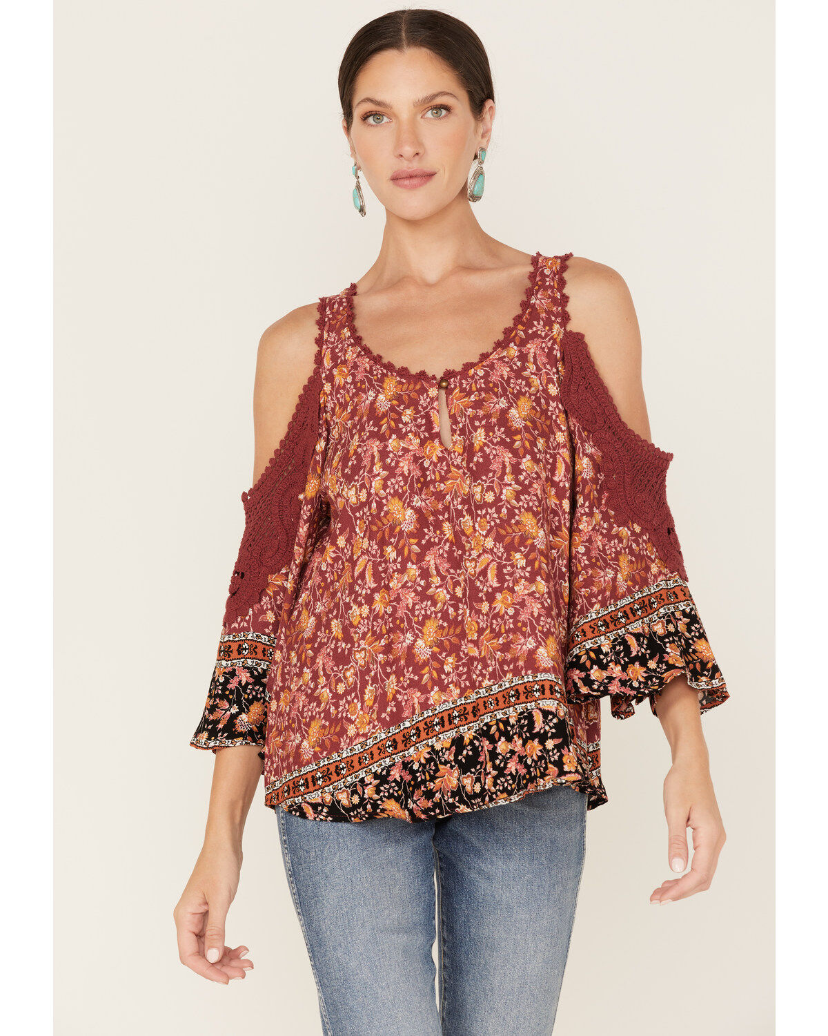Image #1 - Wild Moss Women's Floral Print Cold Shoulder Top, Rust Copper, hi-res