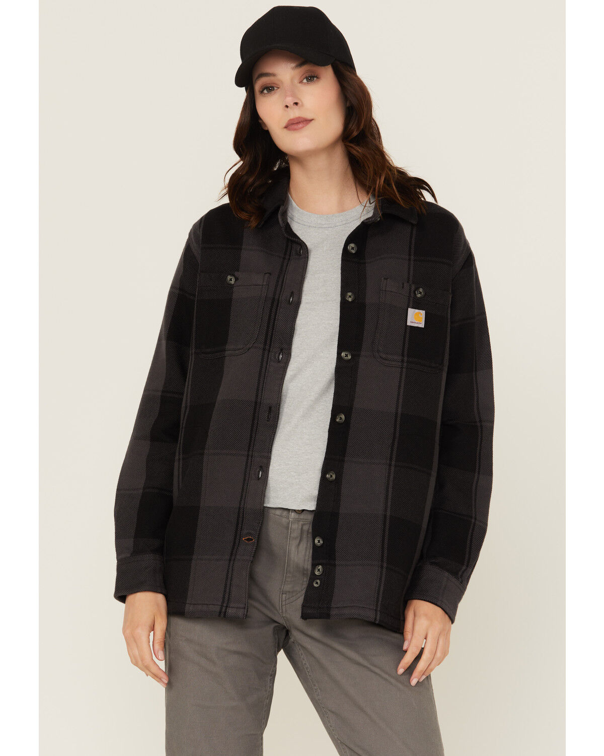 Carhartt Women's Rugged Flex&reg; Loose Fit Heavyweight Duck Long Sleeve Button-Down Shacket, Black, hi-res