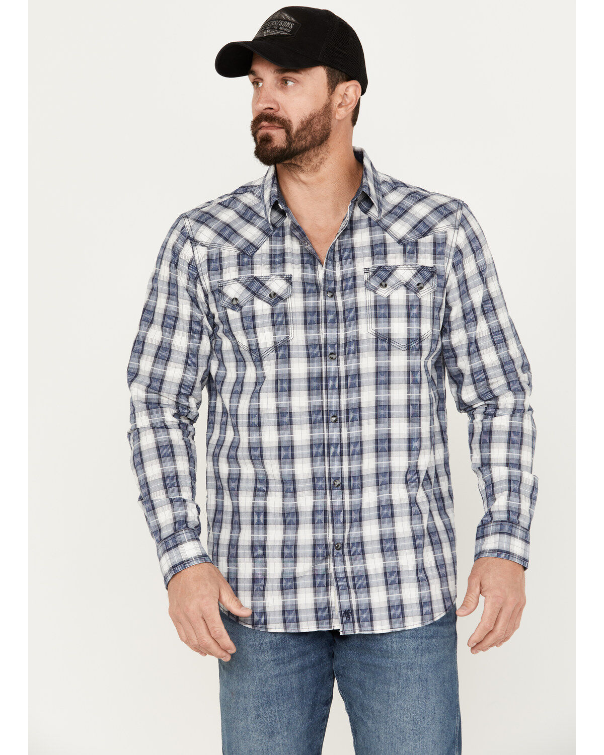 Image #1 - Moonshine Spirit&reg; Men's Rattler Plaid Print Long Sleeve Western Snap Shirt, Navy, hi-res