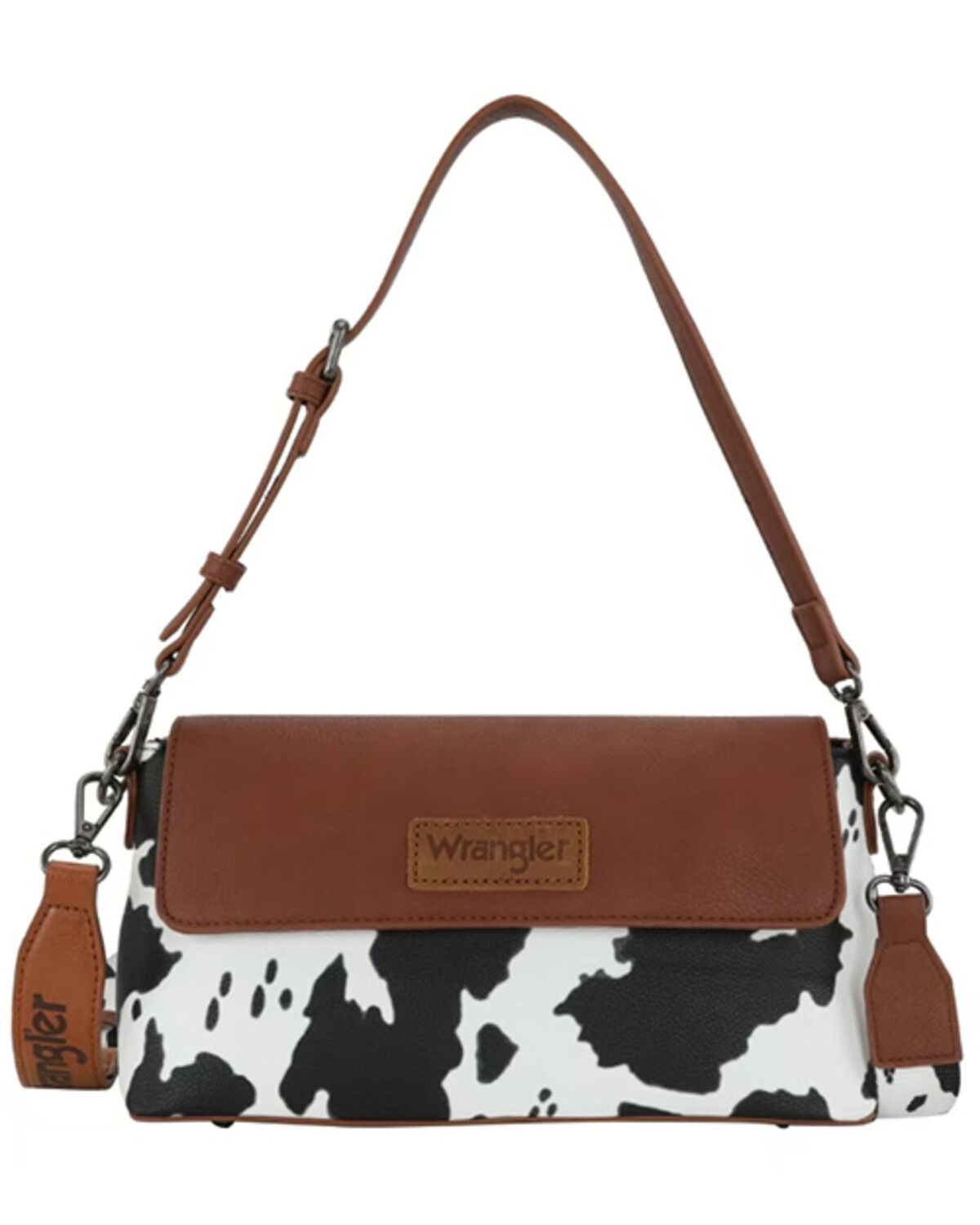 Image #1 - Wrangler Women's Boot Barn Exclusive Daisy Cow Print Flap Shoulder Bag, Brown, hi-res