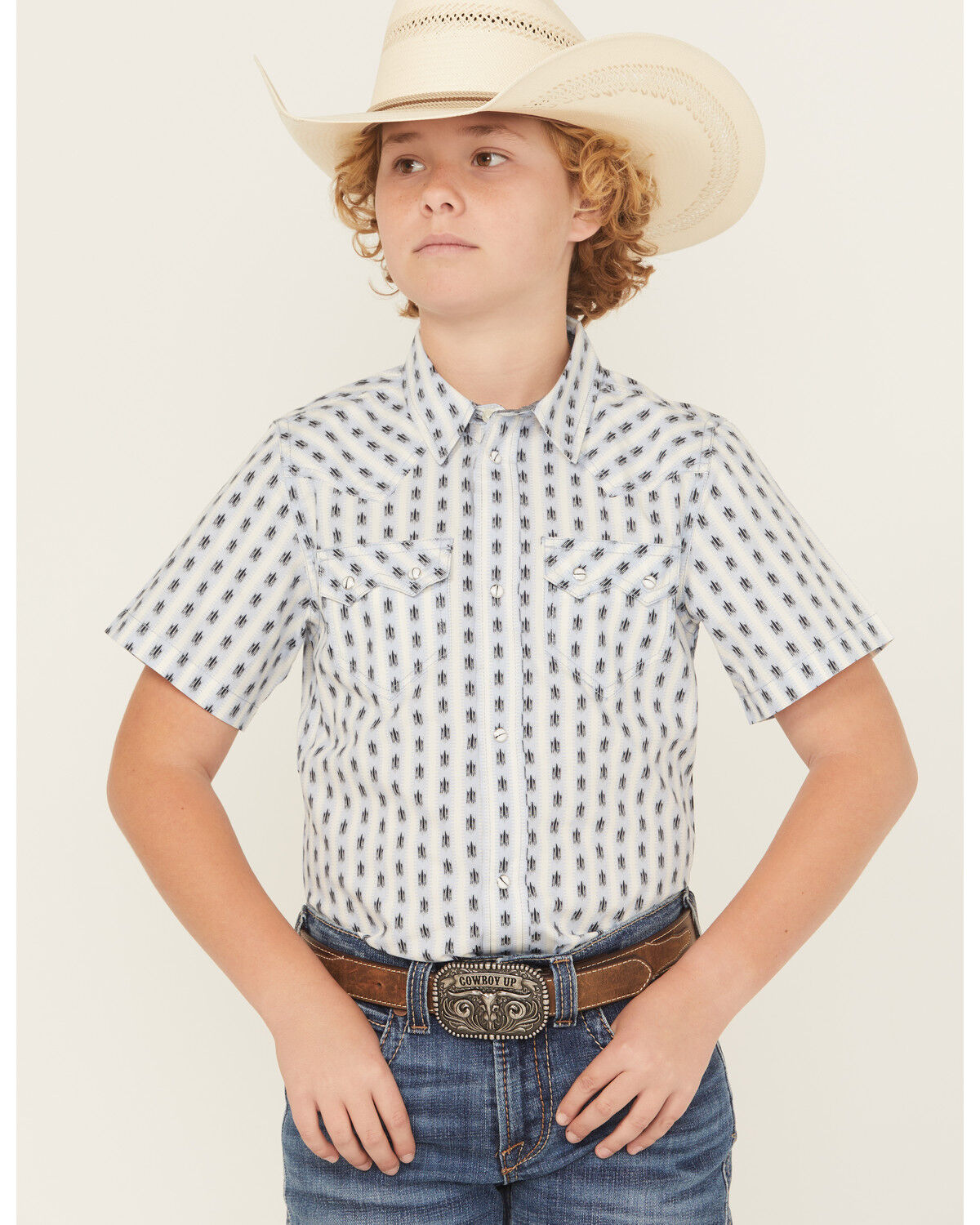 Cody James Boys' Outlaw Pass Striped Print Short Sleeve Snap Western Shirt, White, hi-res