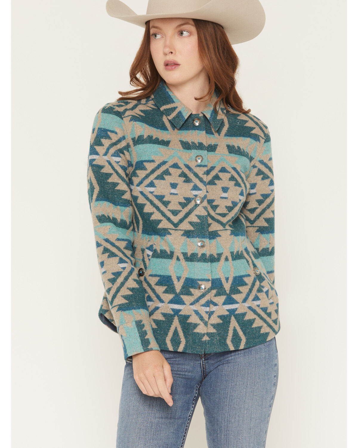 Shyanne Women's Southwestern Snap Blanket Shacket, Turquoise, hi-res