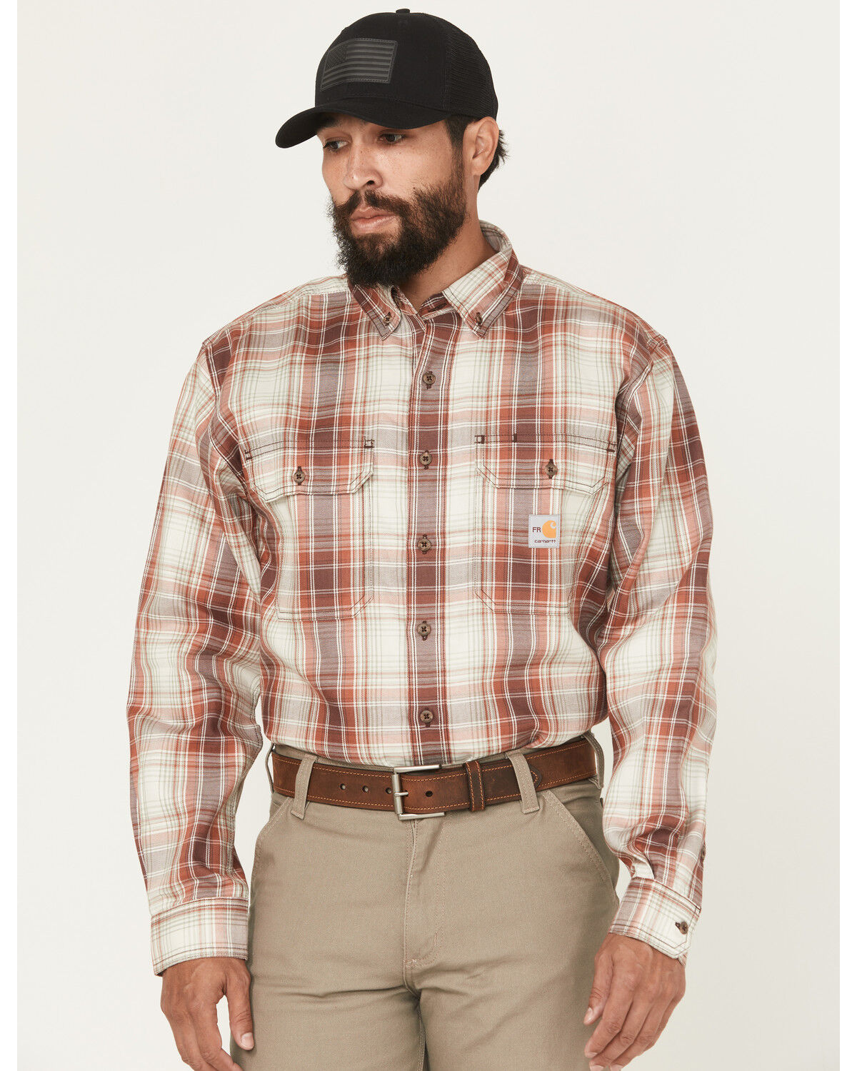 Image #1 - Carhart Men's FR Force Rugged Flex&reg; Loose Fit Midweight Plaid Print Long Sleeve Button-Down Work Shirt, Wine, hi-res