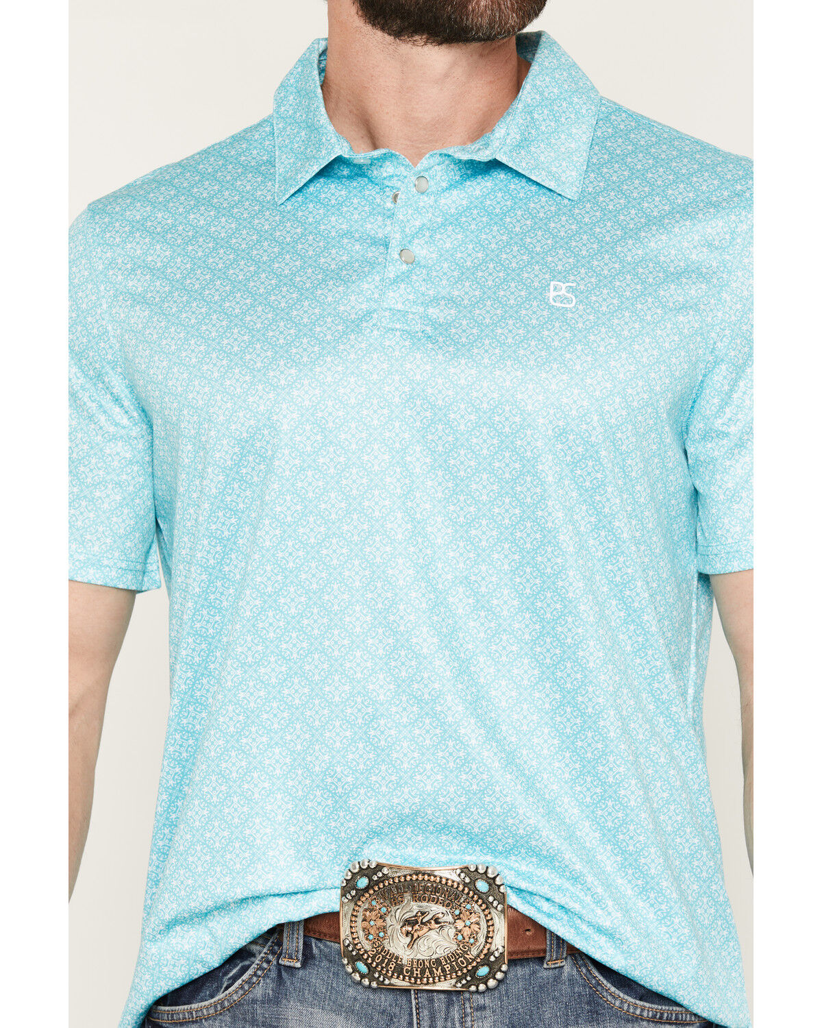Image #3 - Panhandle Slim Men's Medallion Print Short Sleeve Pearl Snap Performance Polo, Turquoise, hi-res