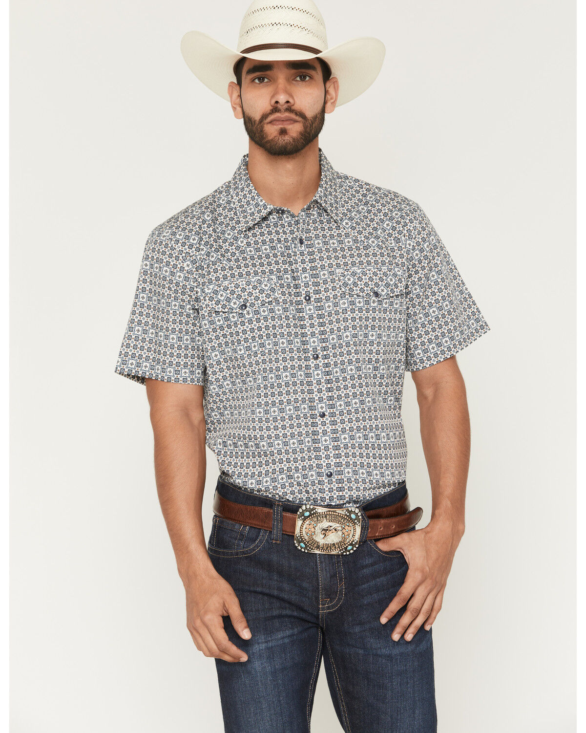 Image #1 - Gibson Trading Co Men's haven Geo Print Short Sleeve Snap Western Shirt, Light Blue, hi-res