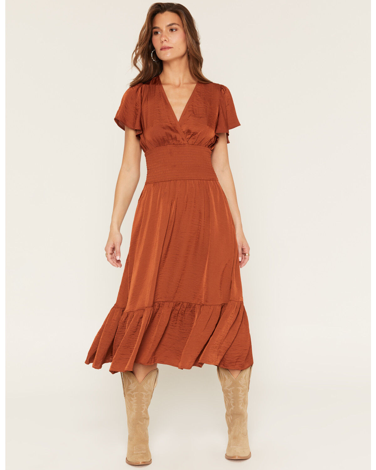 Image #1 - Shyanne Women's Savina Flutter Sleeve Smocked Midi Dress, Brown, hi-res