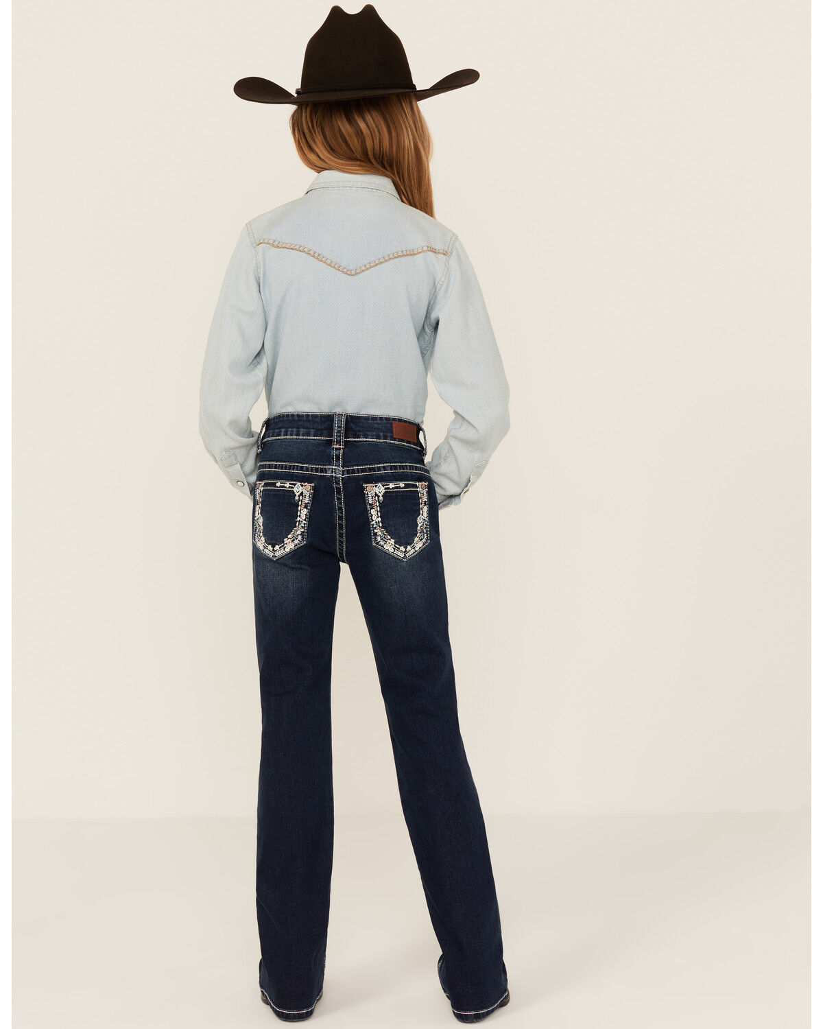 Shyanne Girls' Southwestern Floral Border Pocket Stretch Bootcut Jeans, Blue, hi-res
