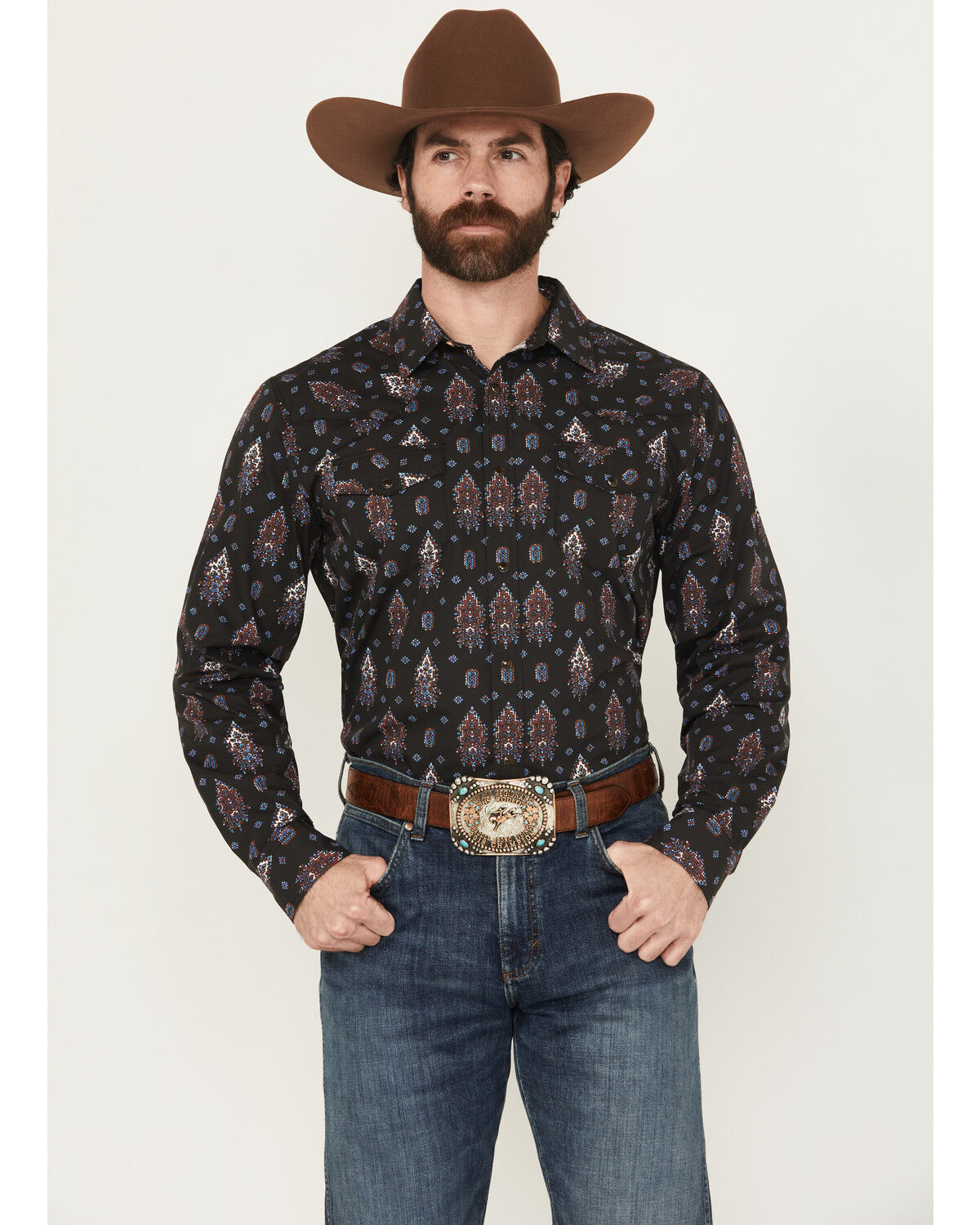 Image #1 - Gibson Trading Co Men's Tiki Torch Paisley Print Long Sleeve Snap Stretch Western Shirt, Black, hi-res
