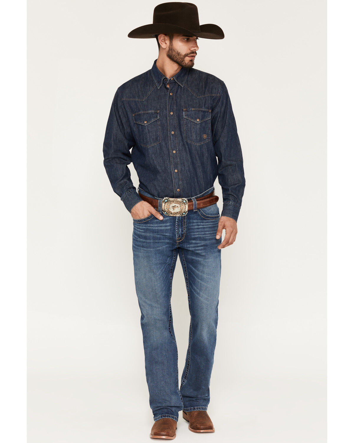 Ariat Men's M4 Heath Thornton Medium Wash Relaxed Bootcut Stretch Denim Jeans - Big, Medium Wash, hi-res