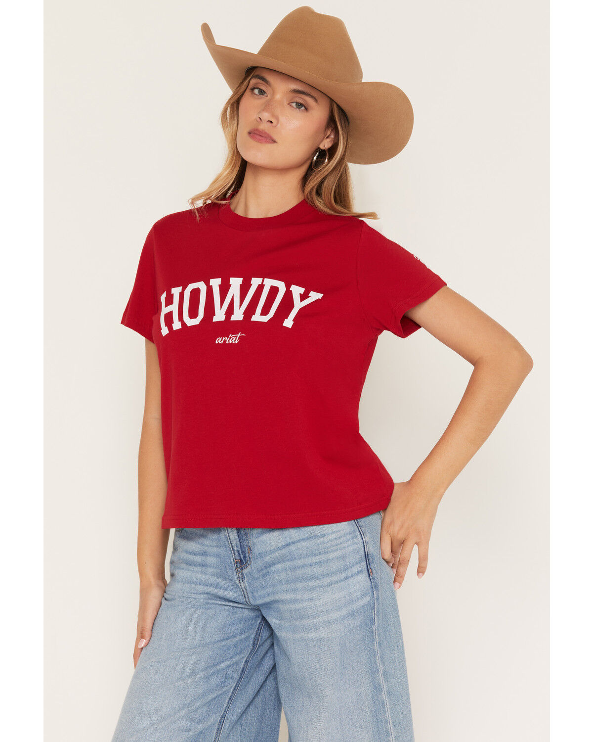 Image #1 - Ariat Women's Collegiate Howdy Short Sleeve Graphic Tee, Red, hi-res