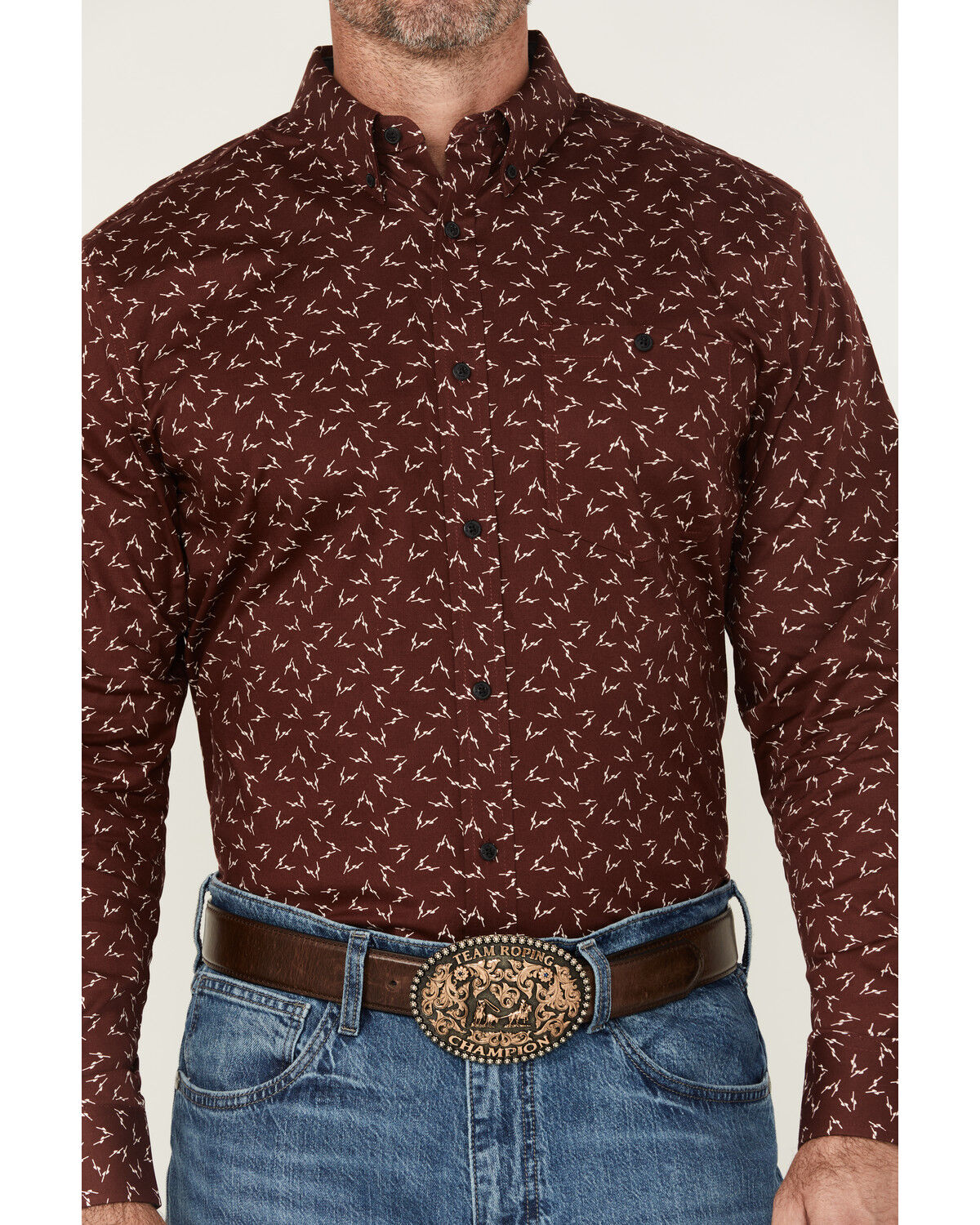 Image #3 - RANK 45&reg; Men's Bronc Buster Geo Print Long Sleeve Button-Down Stretch Western Shirt, Burgundy, hi-res