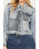 Image #3 - Cleo + Wolf Women's Light Wash Cropped Trucker Denim Jacket, Light Medium Wash, hi-res