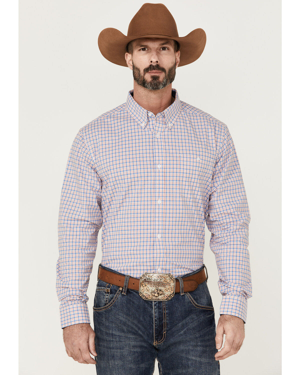 Image #1 - RANK 45&reg; Men's Bronc Small Plaid Print Long Sleeve Button-Down Western Shirt, Red/white/blue, hi-res