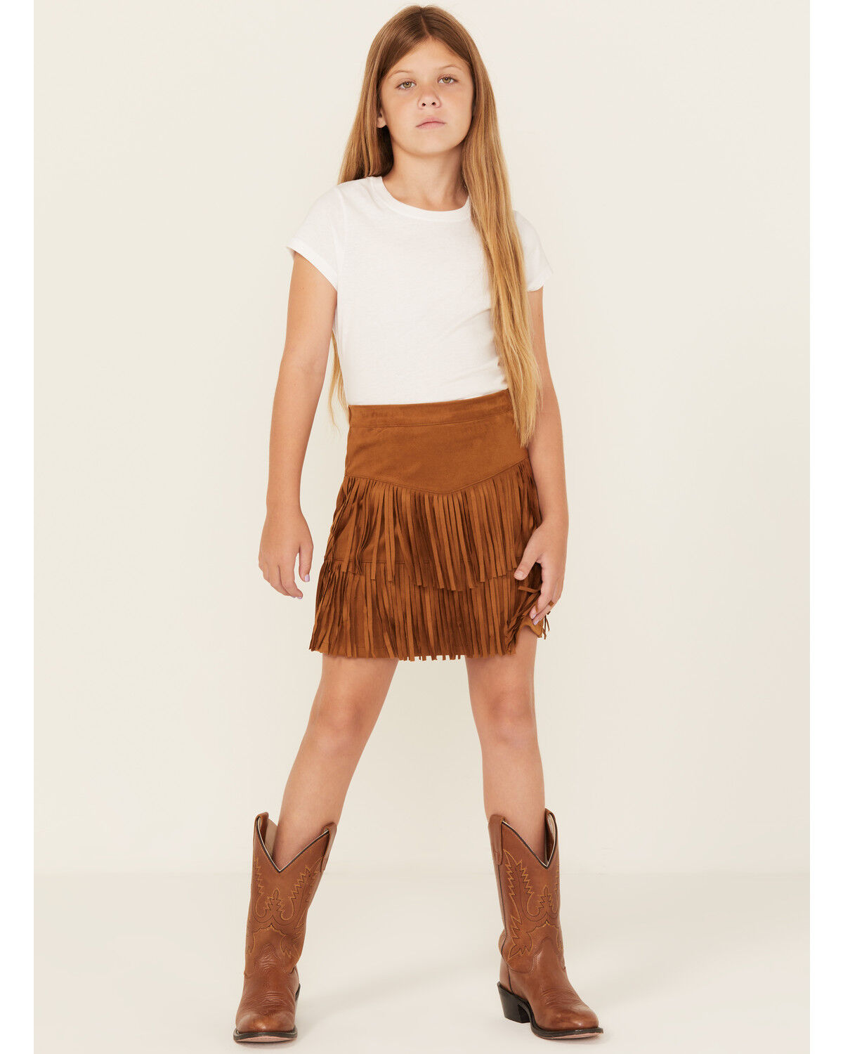 Shyanne Girls' Faux Suede Fringe Skirt, Camel, hi-res