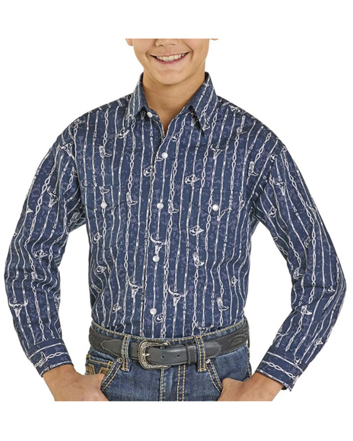 Panhandle Slim Boys' Cow Skull Long Sleeve Snap Stretch Western Shirt, Blue, hi-res