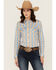 Image #1 - Shyanne Women's Serape Striped Long Sleeve Snap Stretch Western Shirt, Blue, hi-res
