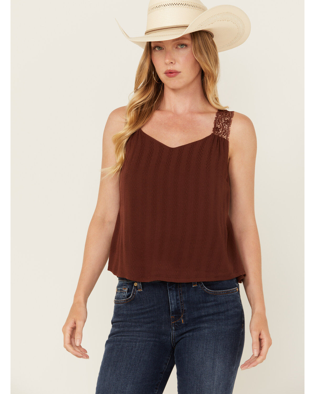 Image #1 - Shyanne Women's Lace Trim Cami, Medium Brown, hi-res
