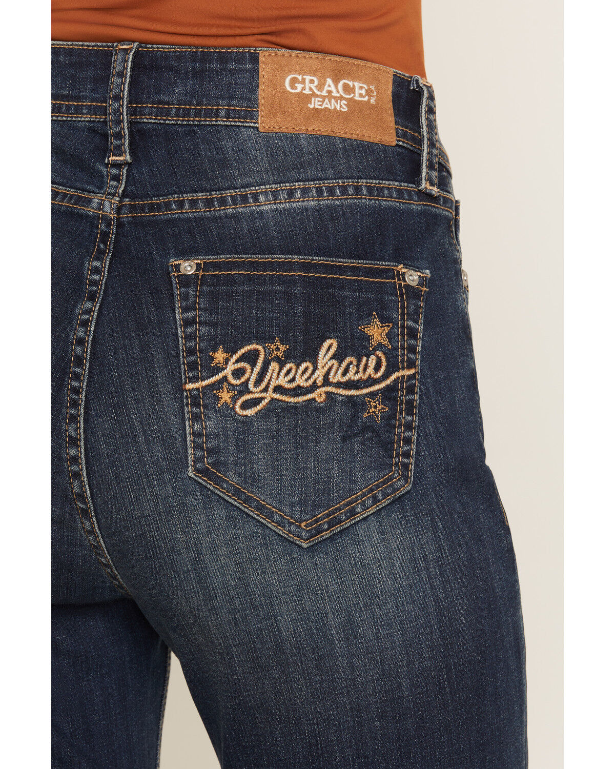 Image #3 - Grace in LA Women's Dark Wash High Rise Howdy Pocket 32" Straight Stretch Denim Jeans, Dark Wash, hi-res