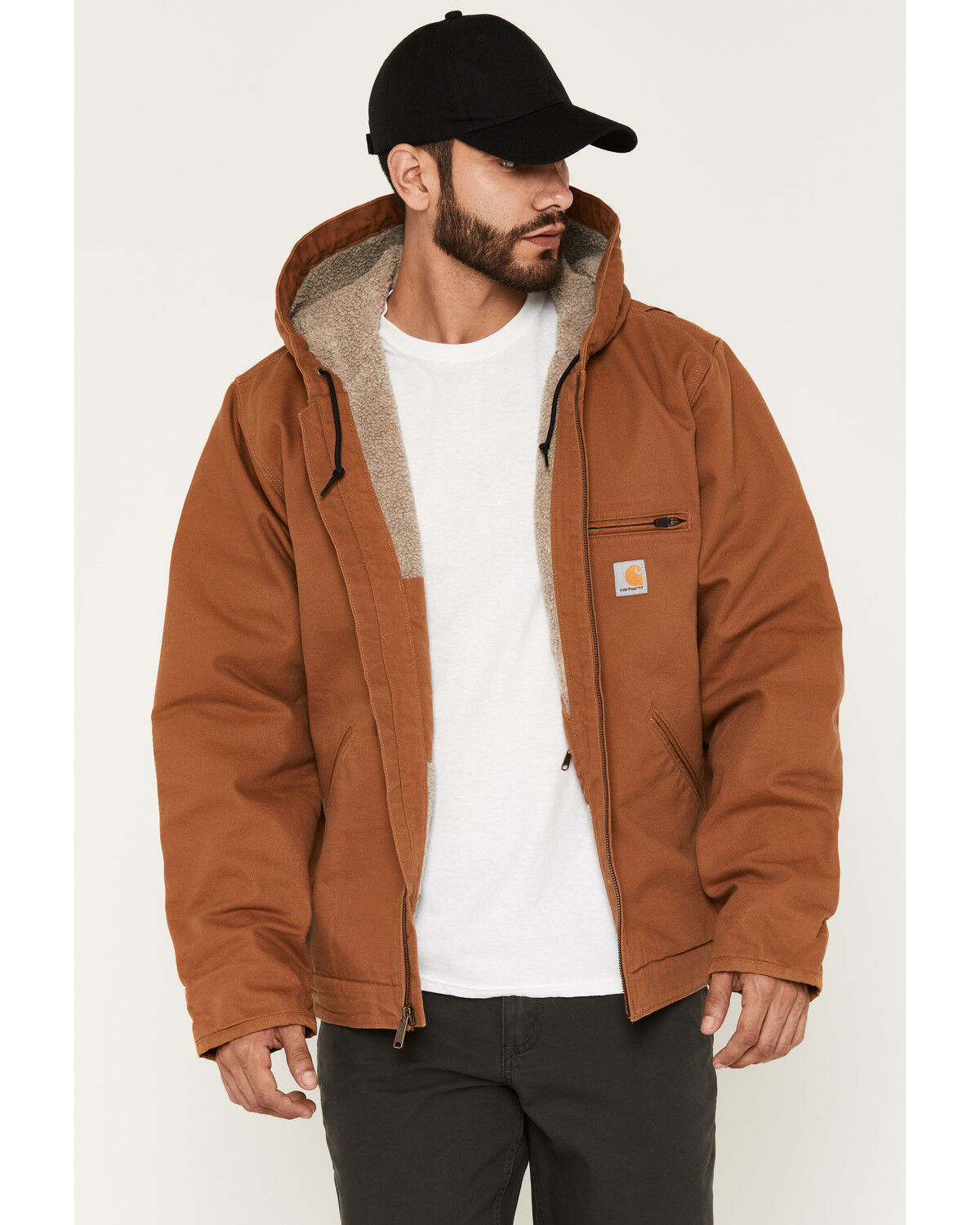 Image #1 - Carhartt Men's Washed Duck Sherpa Lined Hooded Work Jacket, Brown, hi-res