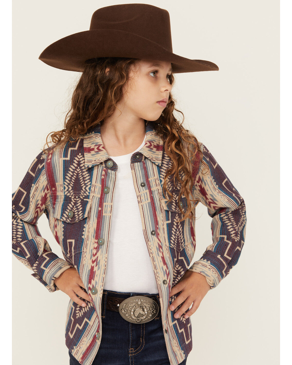 Shyanne Girls' Southwestern Striped Print Long Sleeve Snap Shacket, Fuchsia, hi-res