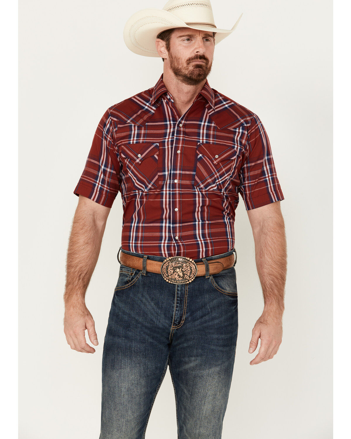 Image #1 - Ely Walker Men's Plaid Print Short Sleeve Pearl Snap Western Shirt, Red, hi-res