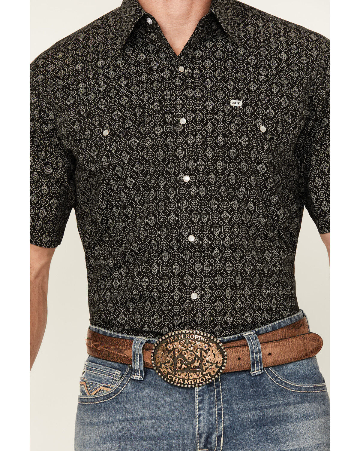 Image #3 - Ely Walker Men's Geo Print Short Sleeve Snap Western Shirt, Black, hi-res